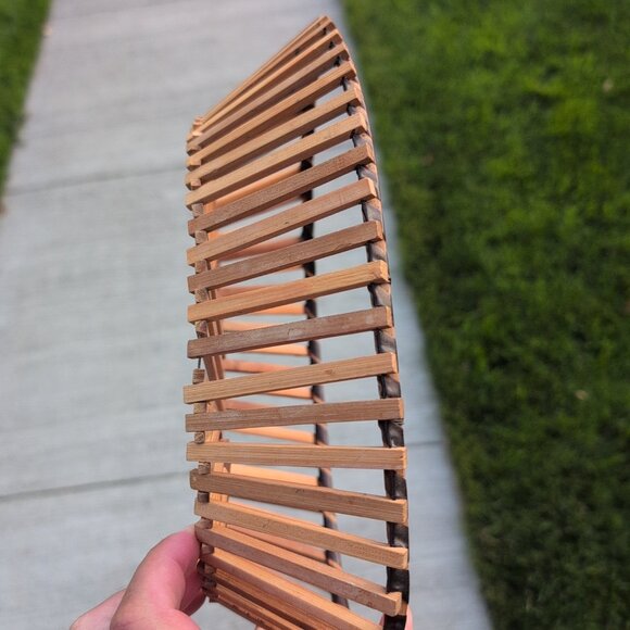 Vintage Bamboo Basket Wood Slat Oval Mid Century Modern Decor Handmade - Picture 4 of 4